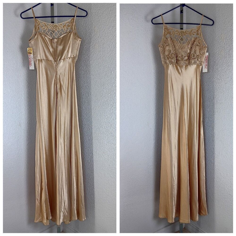 Christines Agaci Gold Liquid Satin Dress Sequin Chamois Maxi Spaghetti Strap
